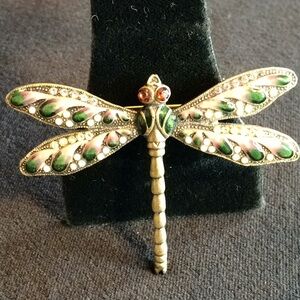 Green Enamel/Austrian Crystal Dragonfly Brooch